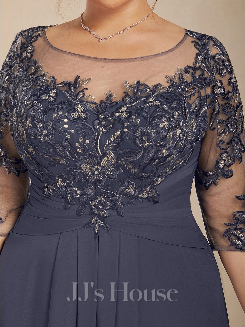JJs House Silver Plus-Size Illusion Lace A-Line Gown - Picture 3 of 5